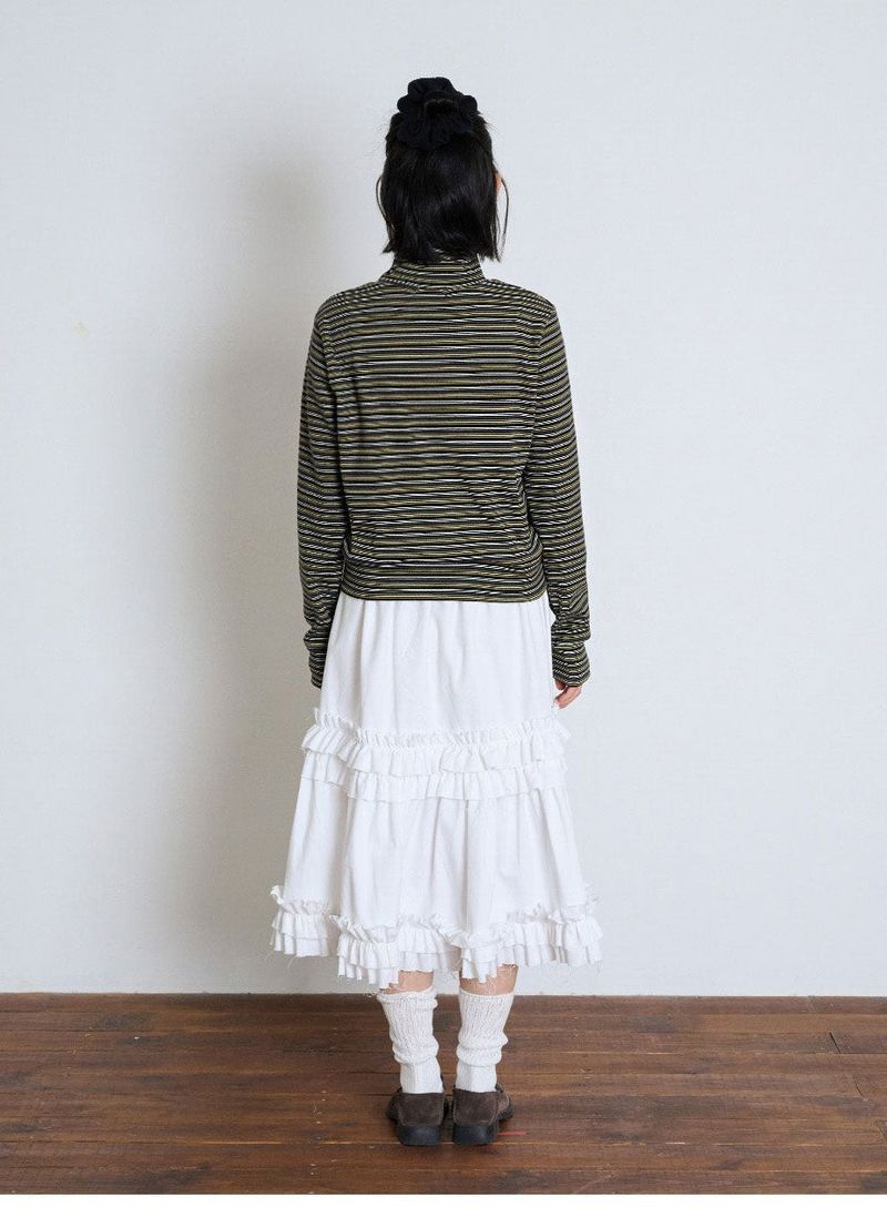 STRIPED HIGH NECK BUTTON CARDIGAN - OLIVE