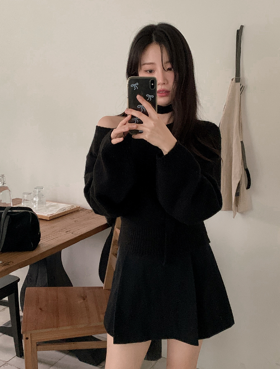 PV One Shoulder Knit + Tie Set (6color)