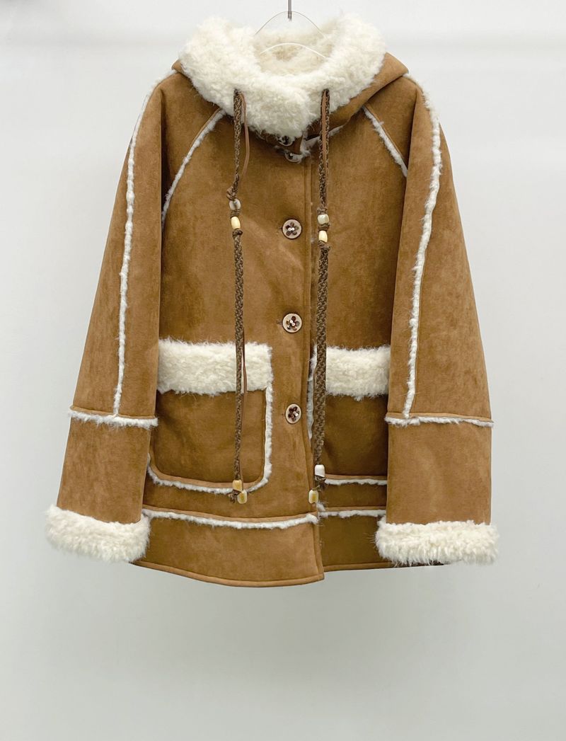 Flower Button Duffle Shearling Coat
