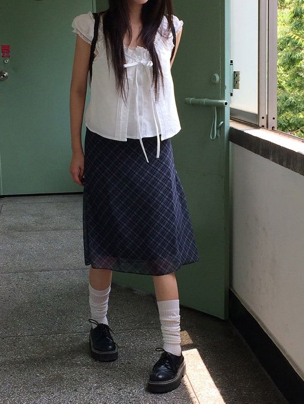 Conse Chiffon Check Midi Skirt