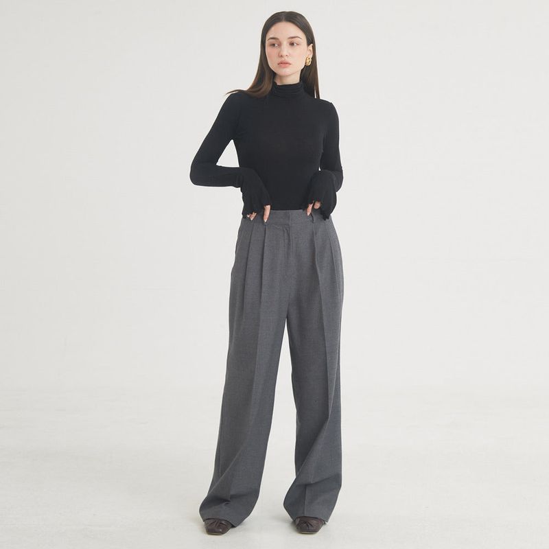 Two-Tuck Button Wide Wool Pants (Charcoal)