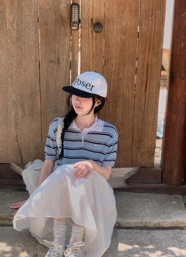 Border Collar Button Short Sleeve Knit (4color)