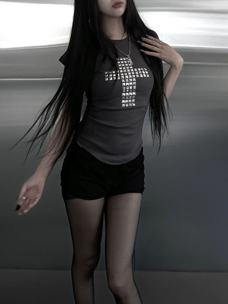 metallic cross stud short sleeve (3color)