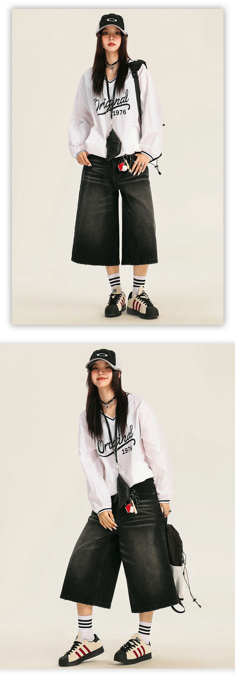 American retro loose-fitting washed distressed wide-leg capri pants