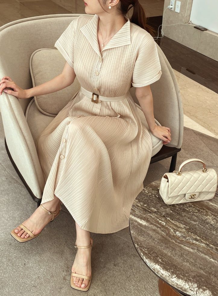 Oleun Pleated Long One Piece (Belt Set)