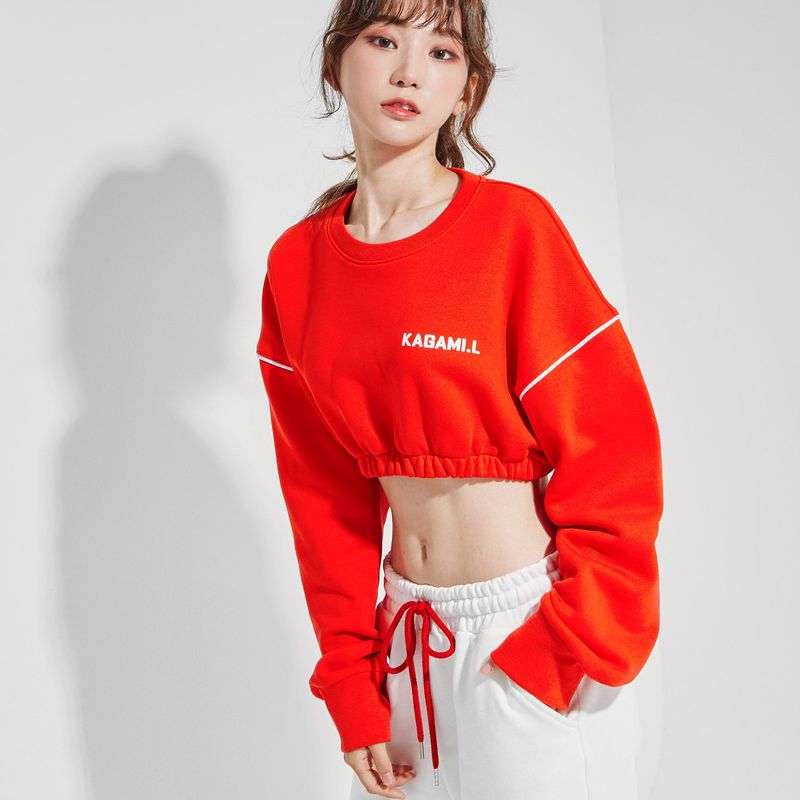 Oversize Line Point Crop Sweat shirt Red