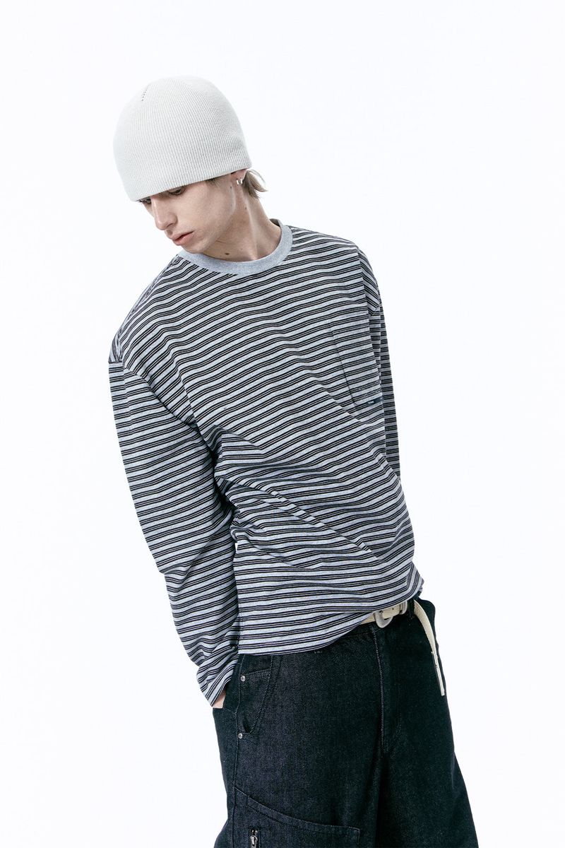 ETCE（イーティーシーイー）の「(BASE) STRIPE POCKET LONG SLEEVE (GRAY)（Tops）」