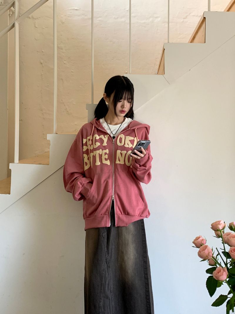 Before overfit lettering two-way hooded zip-up