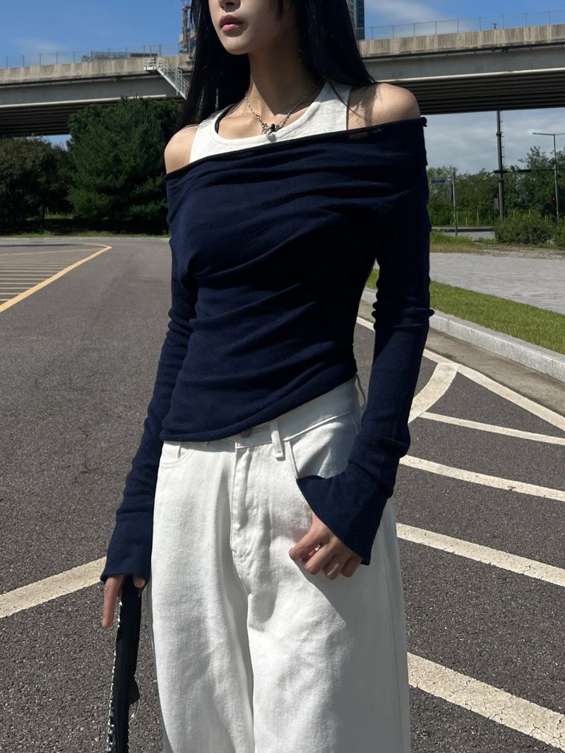 Y2K Back Point X Strap Bijo Wide Loose Fit Denim Long Pants (White)