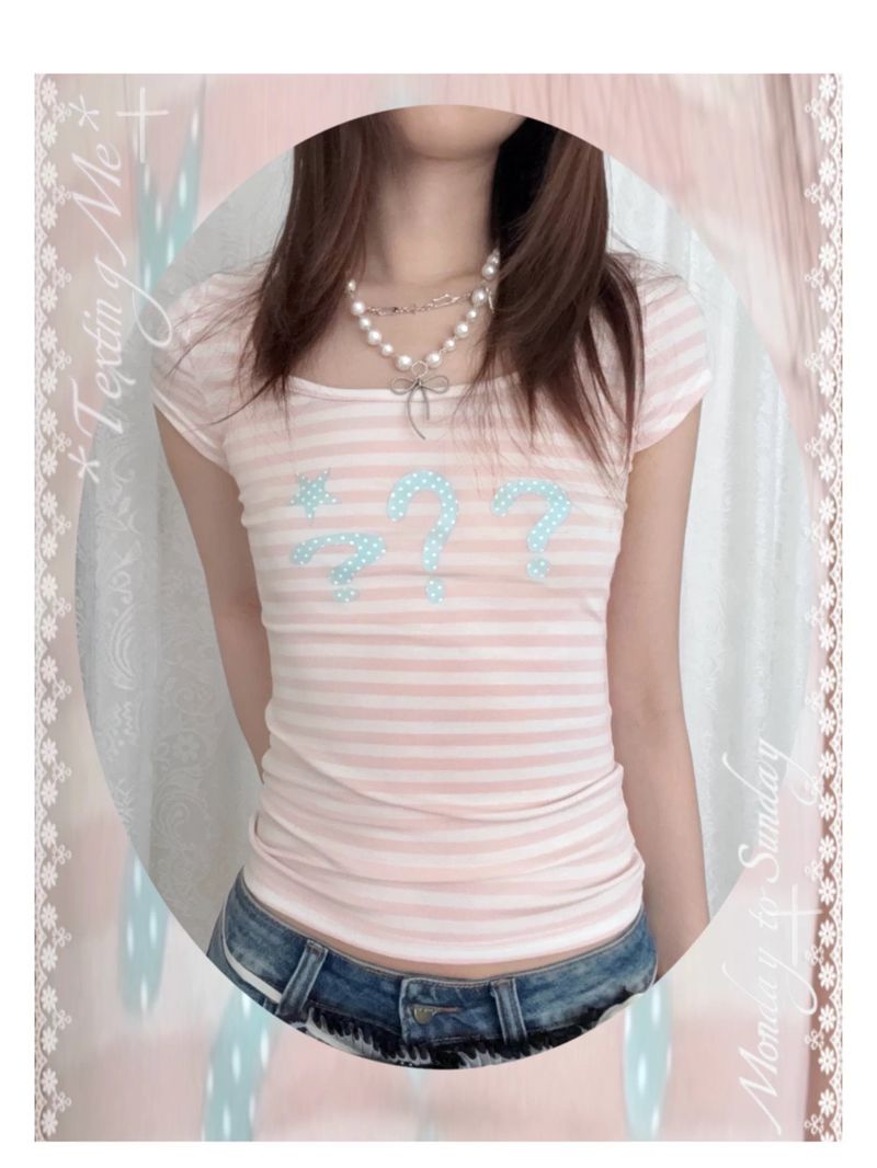 Cute Pastel Striped Graphic Tee - Pink & White U-Neck