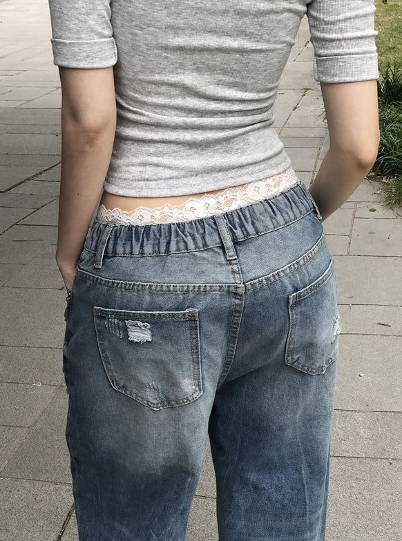 Redo Damage Washing Wide Denim Pants
