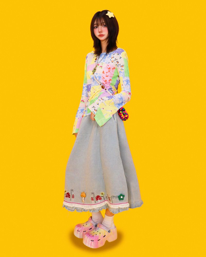 mushroom denim long skirt (2color)