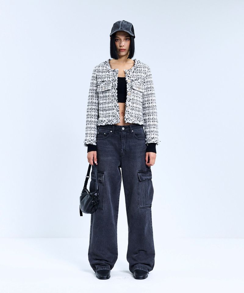 85-VIVAJ048 Multi-Color Crop Tweed Jacket Black