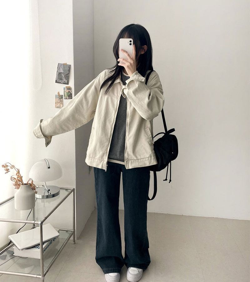 Rentto Basic Collar Zipper Loose Fit Cotton Jacket