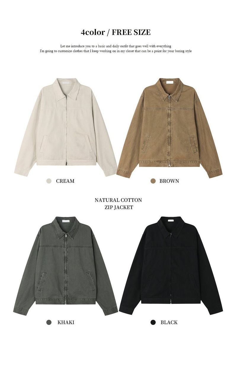 Rentto Basic Collar Zipper Loose Fit Cotton Jacket