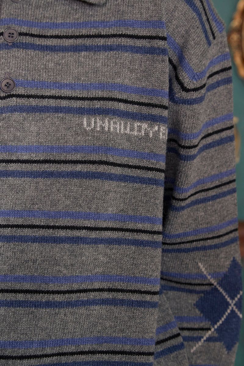 STRIPE LOGO KNIT POLO SHIRT / GREY