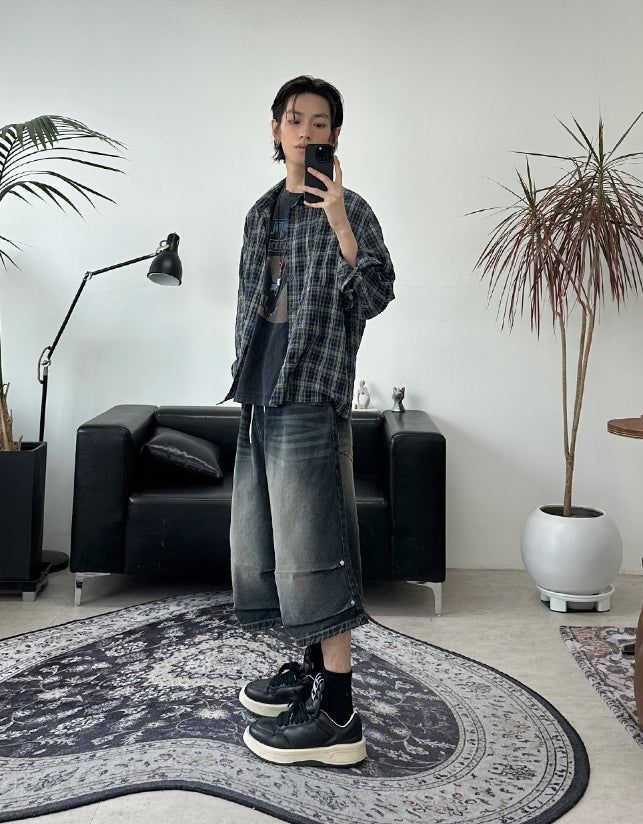 Epearl pintuck Bermuda denim pants