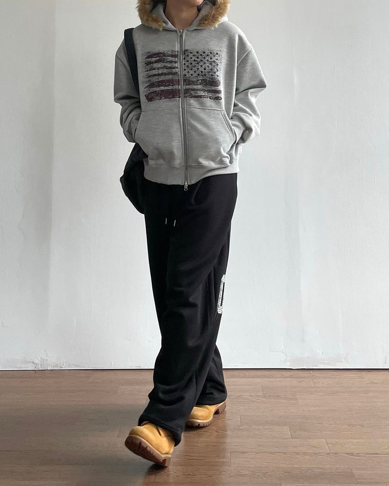 Flag Crop Napping Zip-up Hoodie