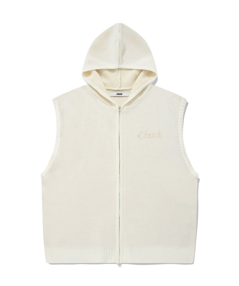 CHUCK（チャック）の「セリフロゴニットフードベスト / CHUCK SERIF LOGO KNIT HOOD VEST (IVORY)（Tops）」