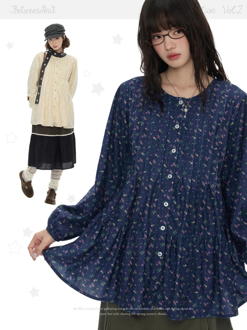 BETWEENAND（ビトゥウィーンアンド）の「BETWEENAND Autumn round-neck baby dress, floral long skirt, lantern-sleeve long-sleeved shirt dress for women in autumn（Tops）」