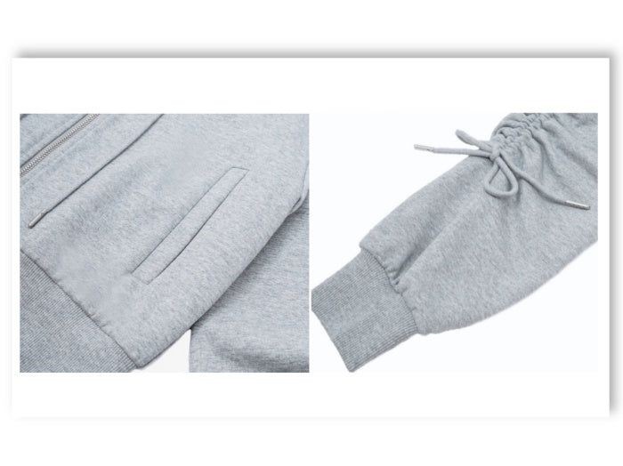 Ribbon Shirring Cropped Hood Zip-up_Gray