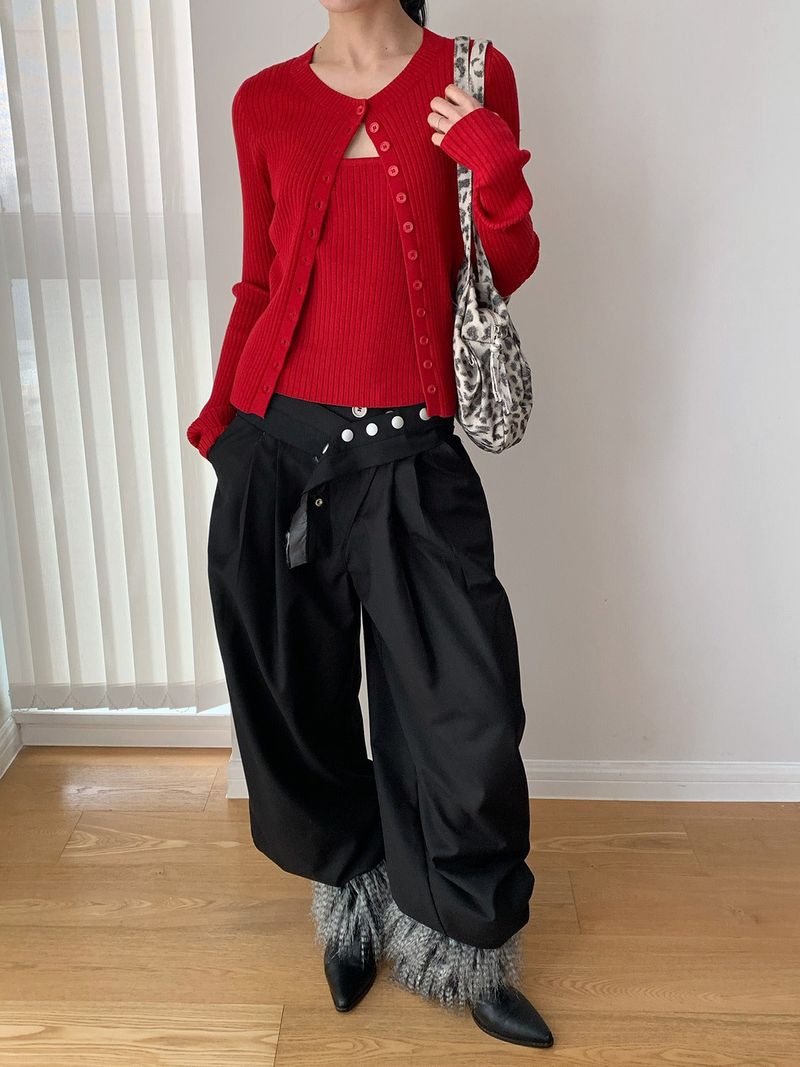 Color Round Neck Ribbed Button Cardigan
