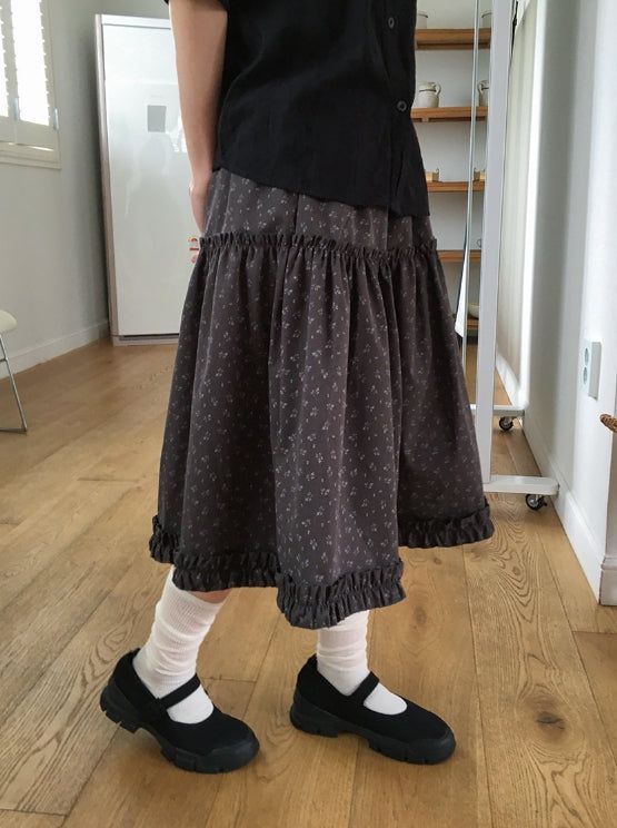 Bihina Flower Shirring Long Skirt