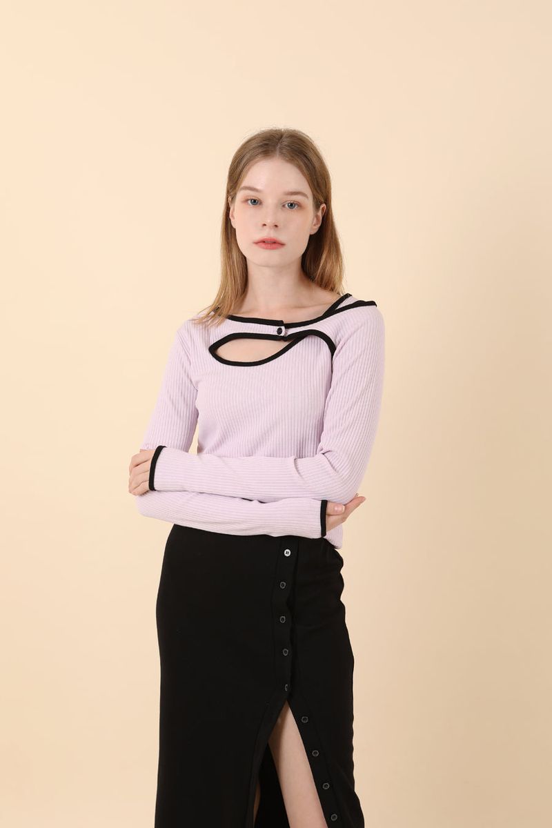 Line Contrast Slim T-shirt Purple