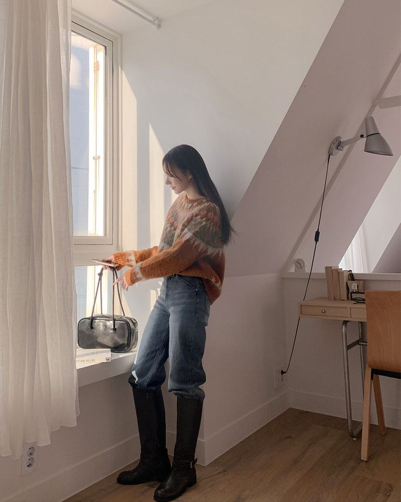 Fleece wide denim pants