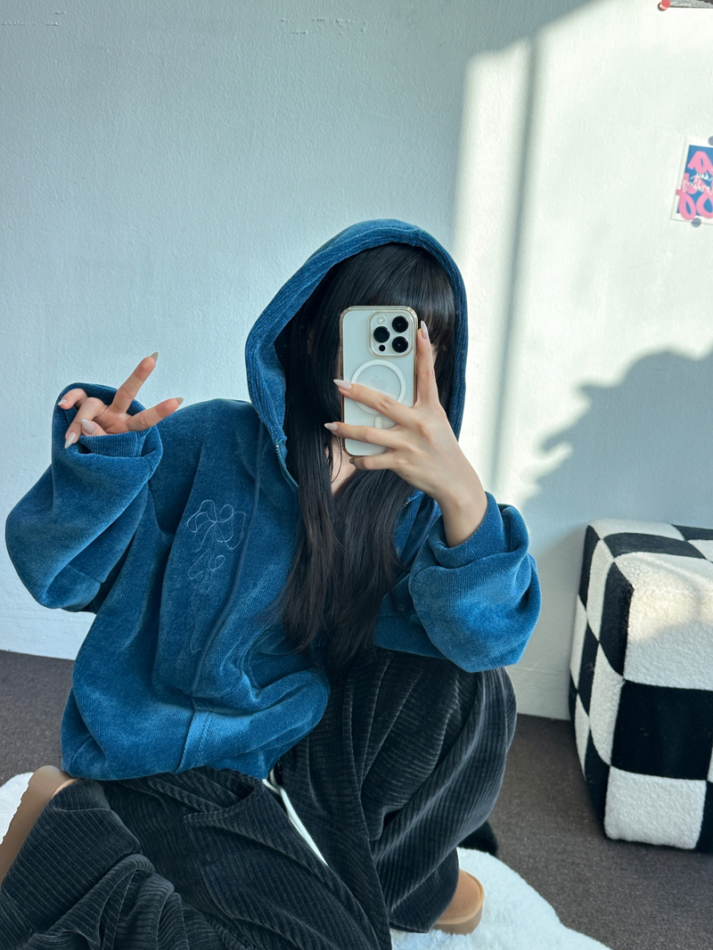RIBBON PATTERN VELVET HOOD ZIP-UP💚💙🖤 - 3 COLORS