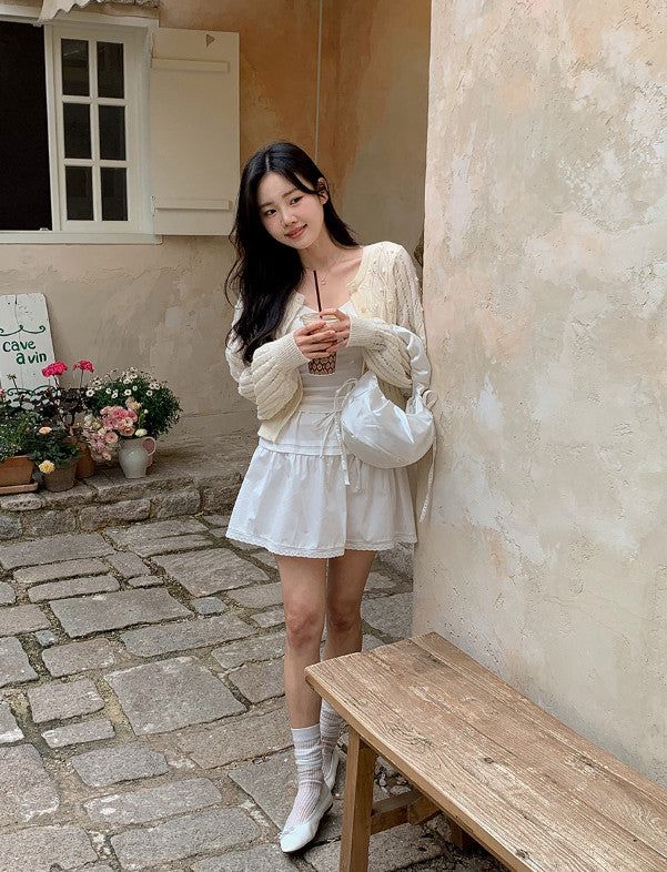 Pintuck String Ribbon Lace Mini Skirt (3color)