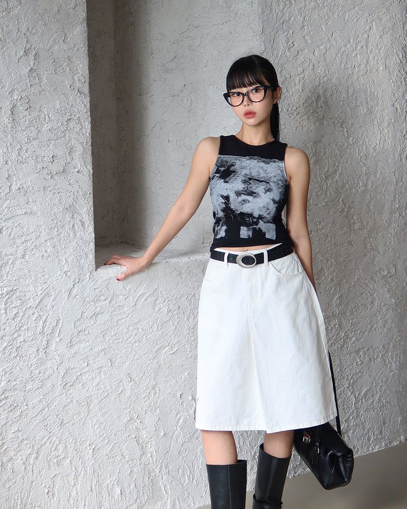 Basic pintuck cotton midi skirt
