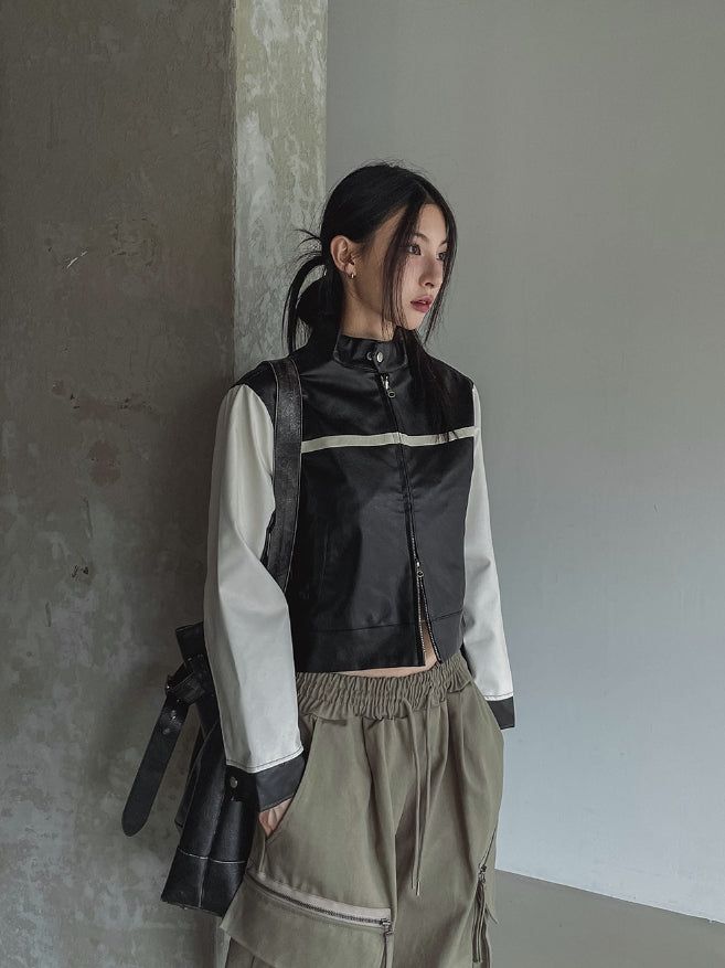 Peer One Track Crop Leather Jacket