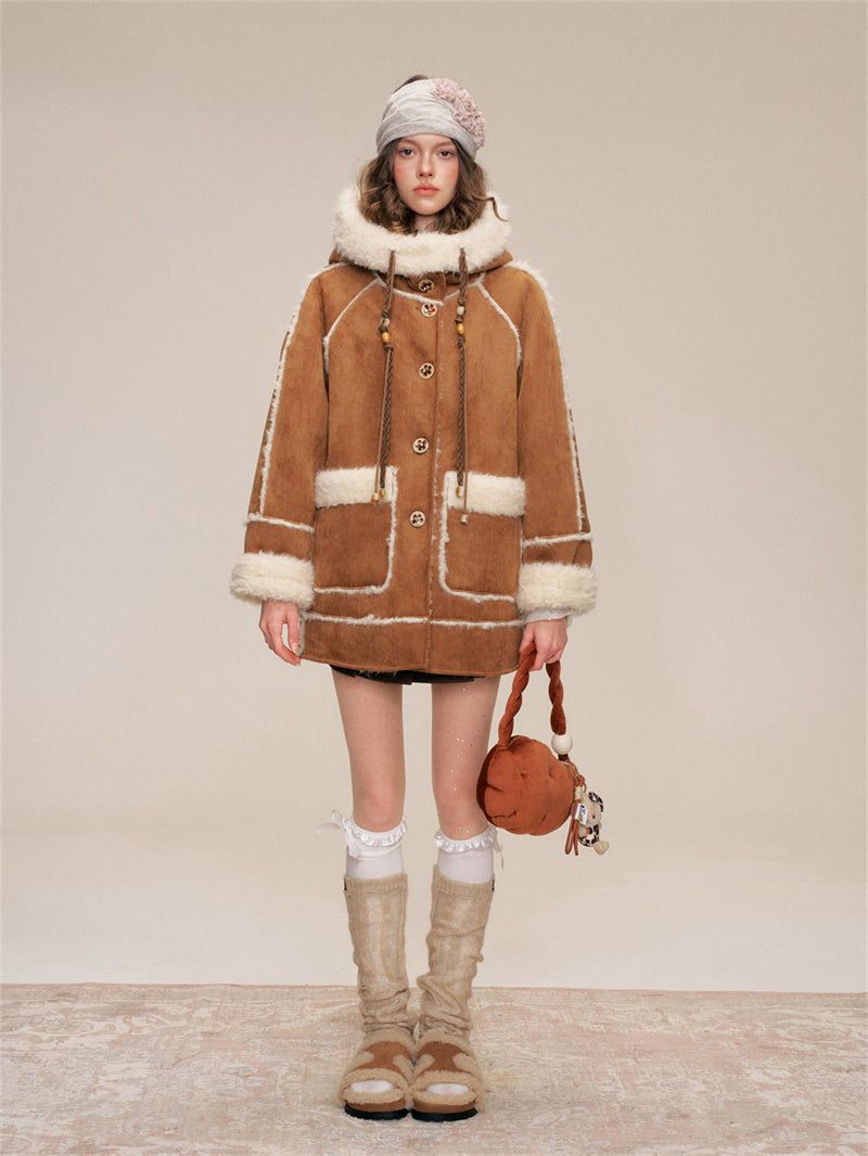 Flower Button Duffle Shearling Coat