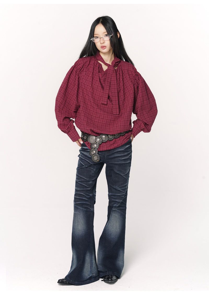 CONFUN Design sense three-dimensional cat whiskers, aged washed flared jeans style