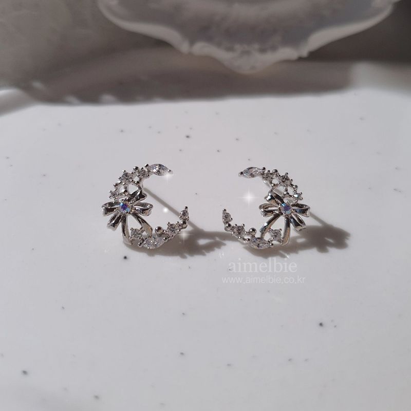 Dainty Ribbon and Moon Earrings - Silver