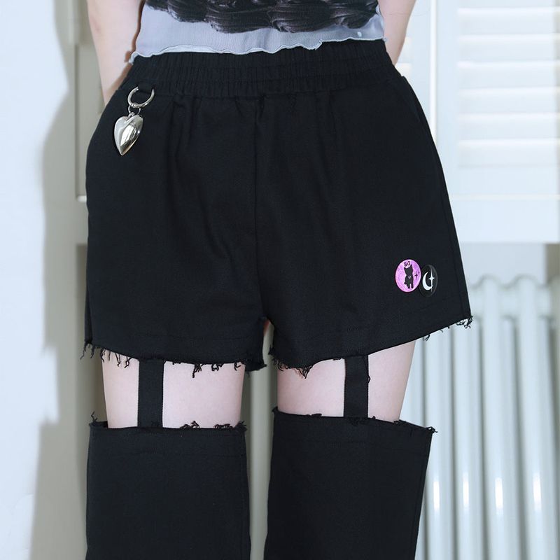 1 1 denim cut out pants - BLACK