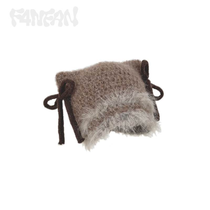 Handcrafted Crochet Cat Ear Beanie with Side Bows,Fluffy Long Fuzzy Brim, knit Cute Hat