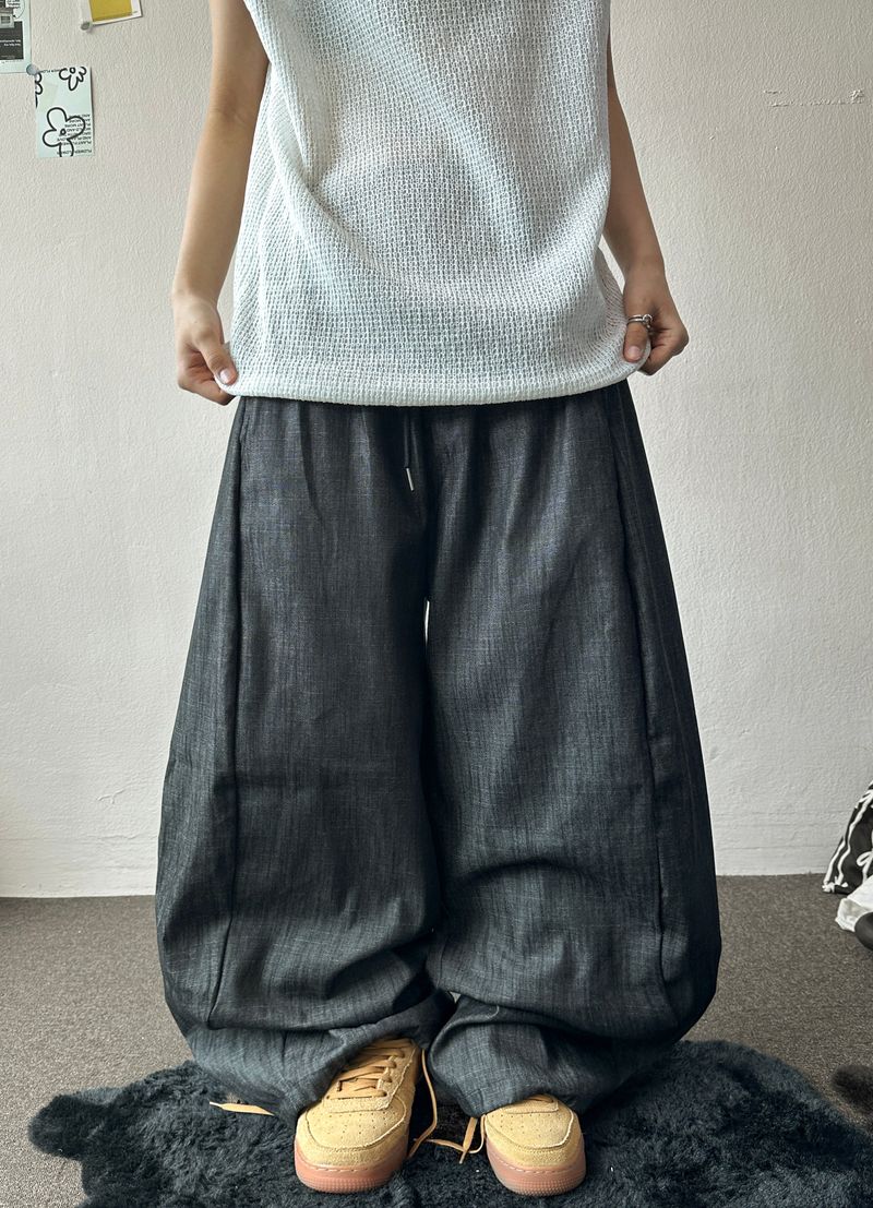 Lever Side Panel Elastic Waist Raw Denim Pants 2color