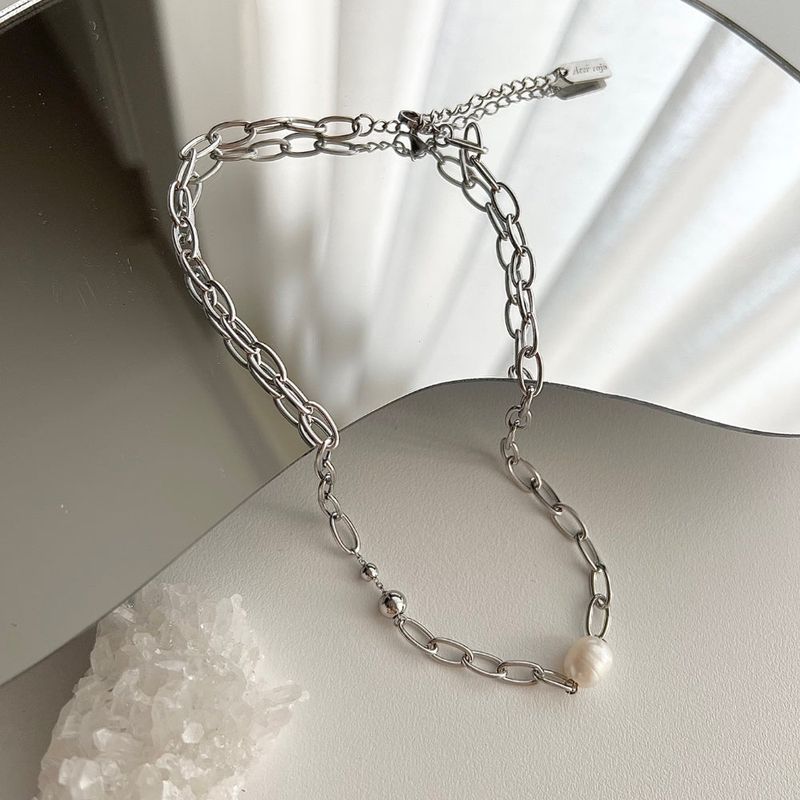 dpps Freshwater Pearl Bold Chain Ball Stainless Steel Titanium Layered Guest Necklace