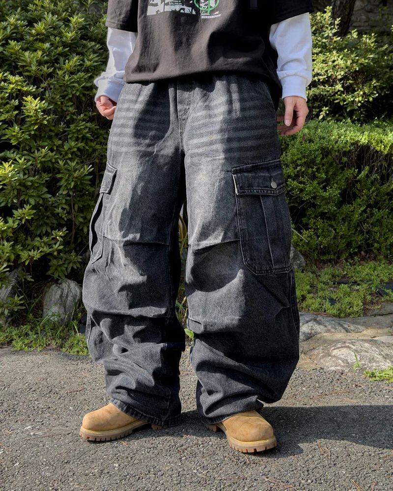 Bern diagonal cargo wide denim pants