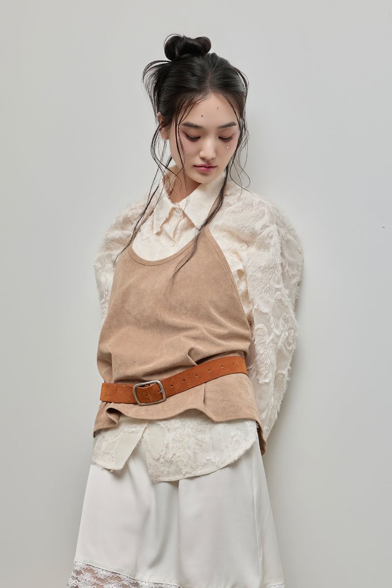 Halter-Tie Suede Apron_Camel
