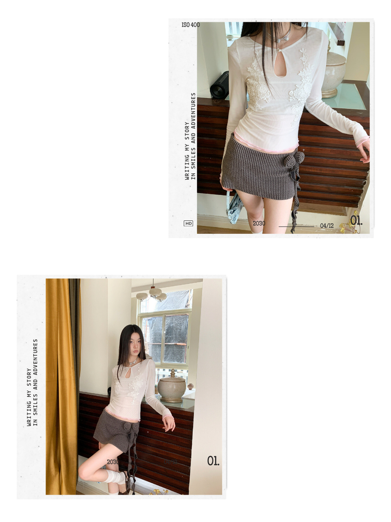 embroidered white lace long-sleeved T-shirt