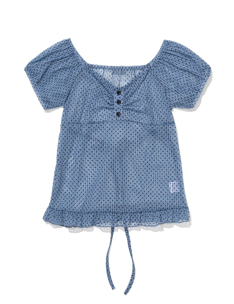 DOT SHIRRING BLOUSE(BLUE)