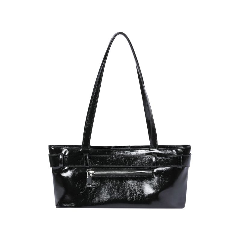 SENTIC METAL LOGO FRONT BELTED LEATHER SHOULDER BAG UNISEX
