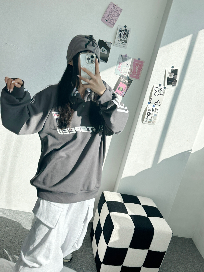 RAGLAN THREE-STRIPE COLLAR SWEATSHIRT🖤🩶🤍 - 3 COLORS