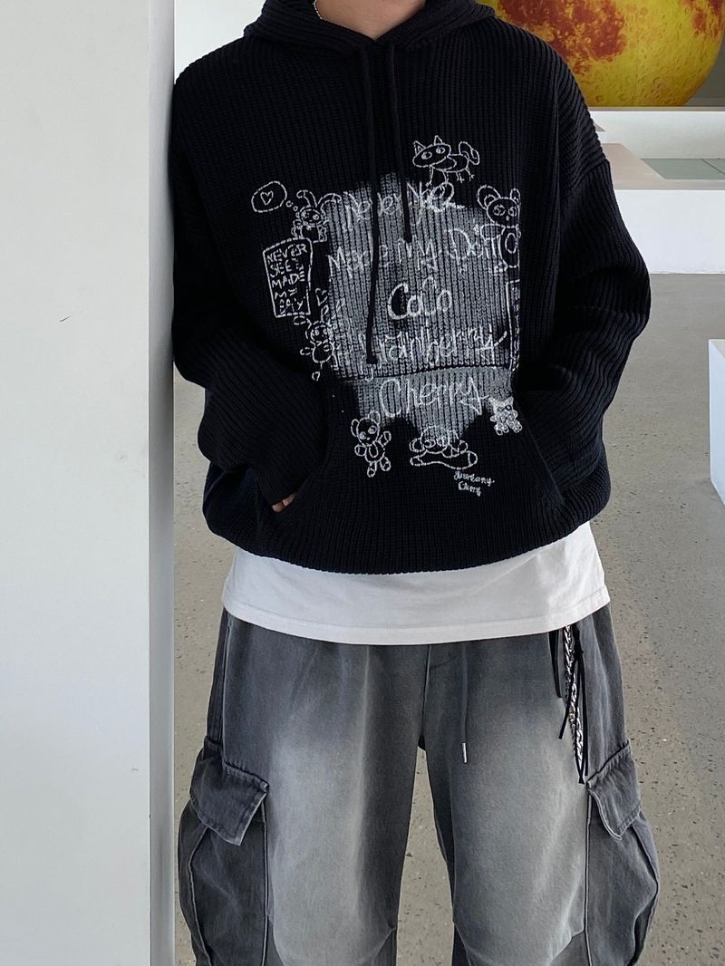 Bear Printing Hooded Knit (3color)
