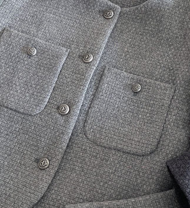 Deli Pocket No Collar Tweed Short Jacket