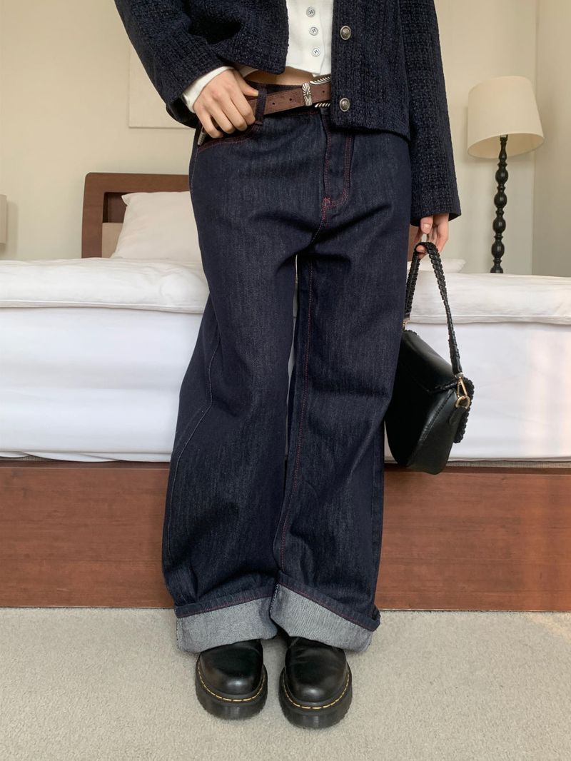 ペニーレッドステッチローワイドデニムパンツ