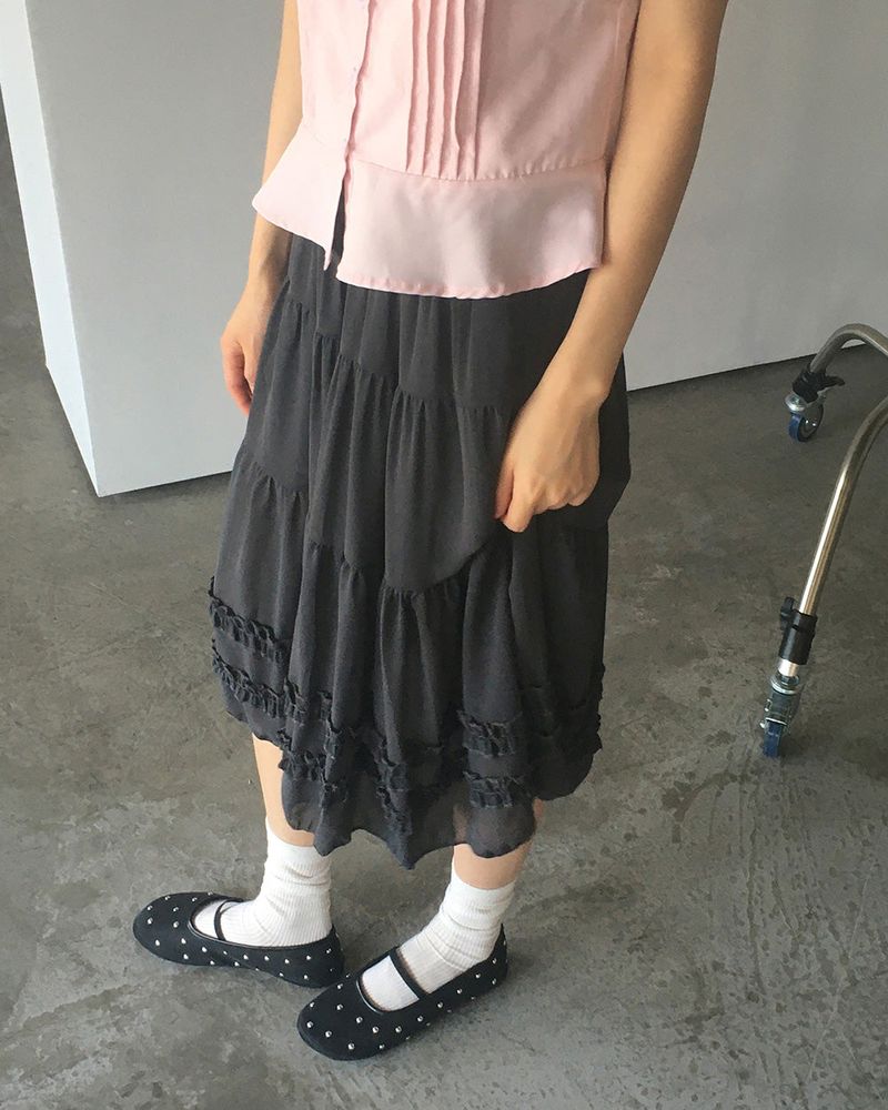 WONDER WONDER（ワンダーワンダー）の「Hetty Cancan シースルーフリルウエストバンドミディスカート（スカート）」